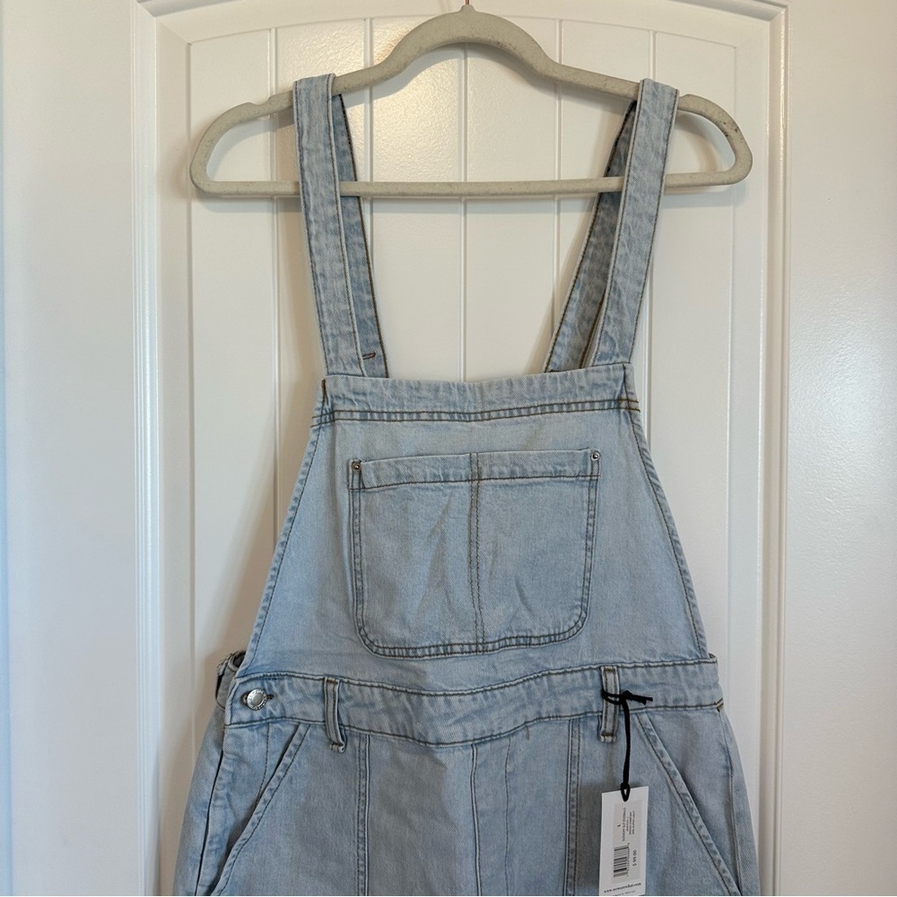 NWT WeWoreWhat slouchy slit overalls light wash high rise straight leg split hem - Picture 2 of 15